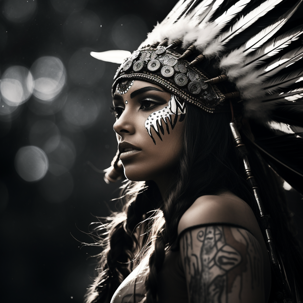 High-Contrast Indigenous Woman with Two Feathers