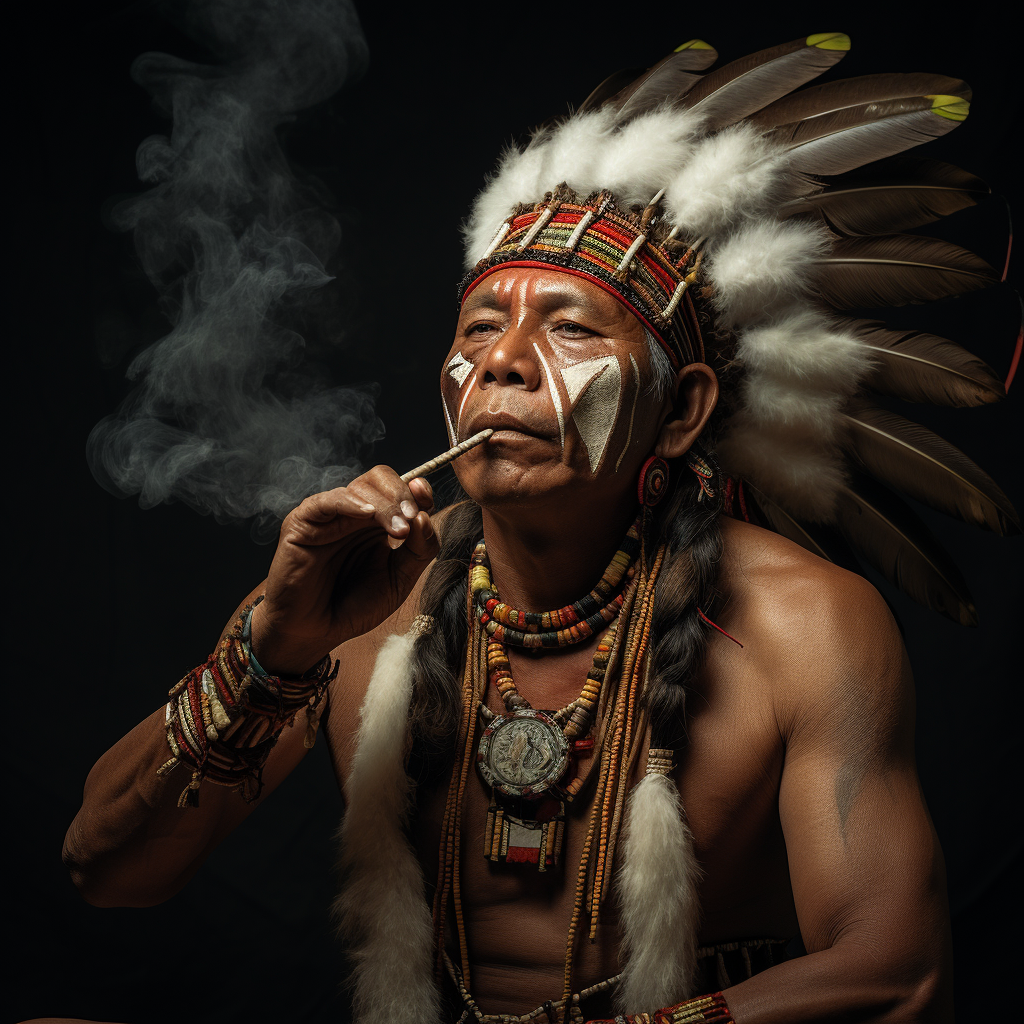 Indigenous man saluting sacred pipe