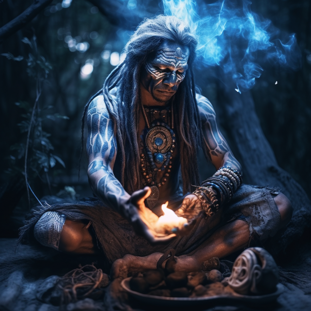 Arawak shaman burning sage in mystic jungle