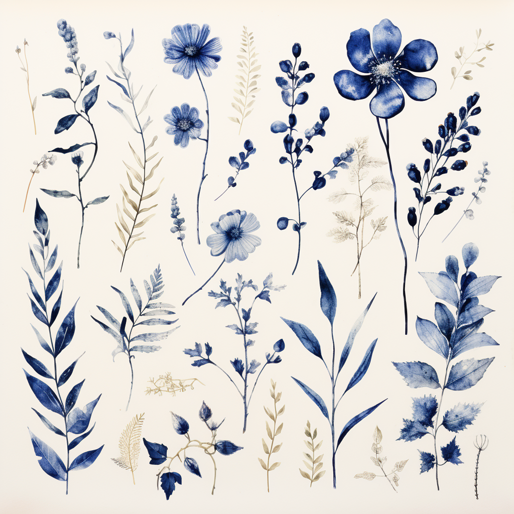 Indigo botanicals on messy cream background