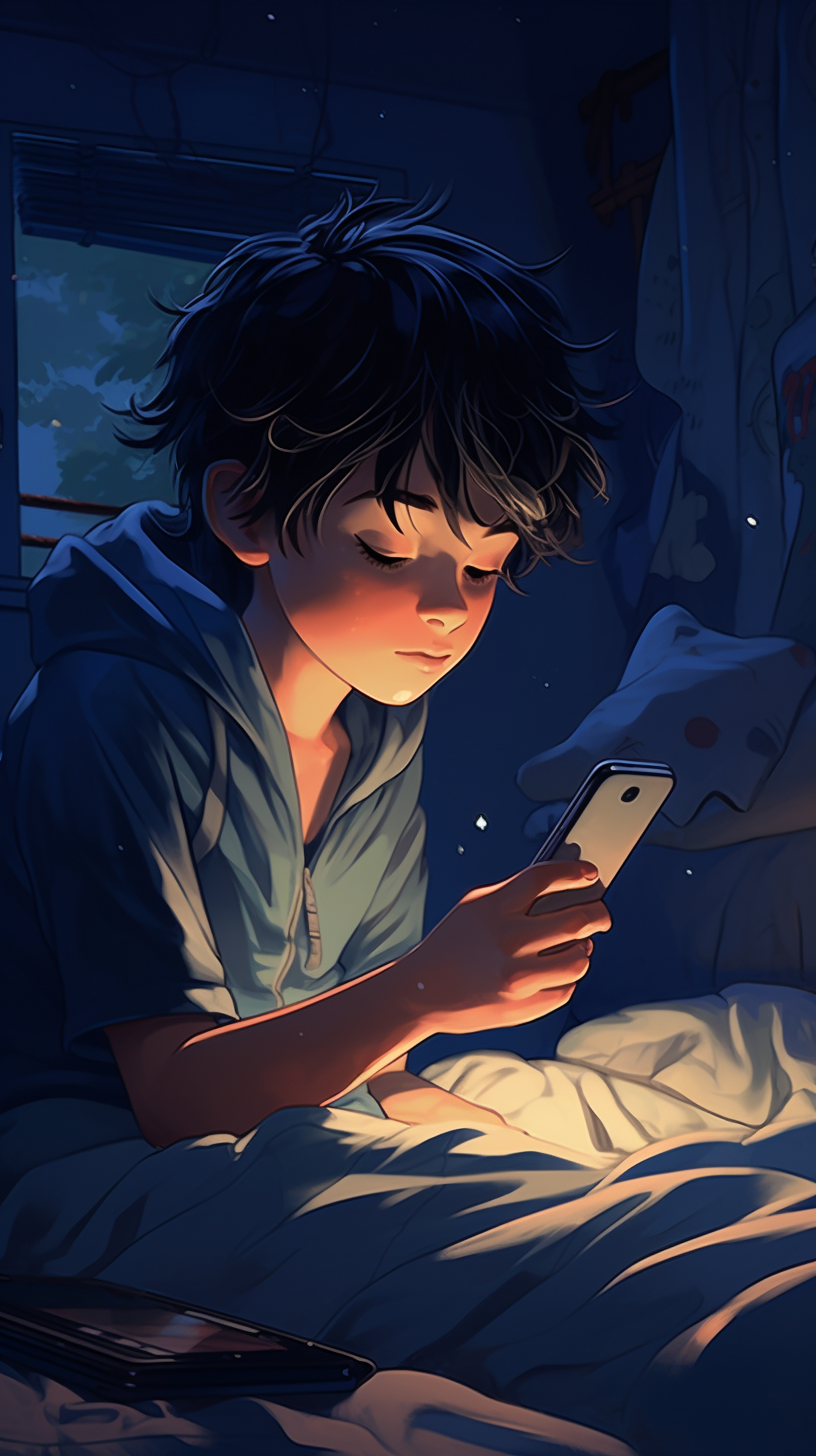 Indonesian boy texting on bed with blue case