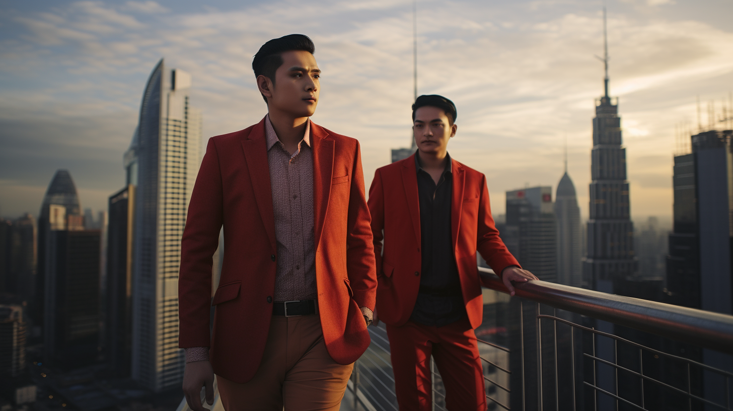 Two Young Indonesian Businessmen Posing on Rooftop