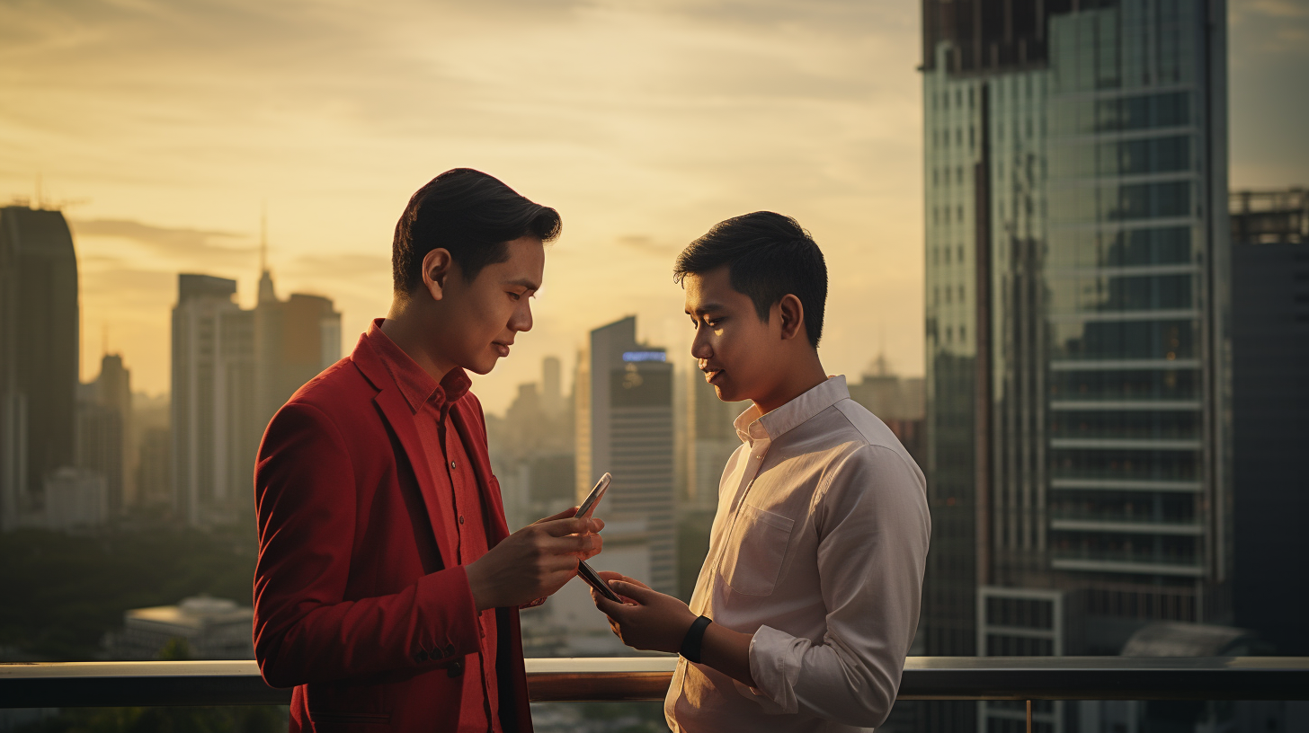 Two young Indonesian businessmen talking on a rooftop at sunset