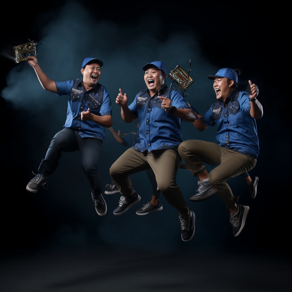 Indonesian delivery guys celebrating new year with trumpet