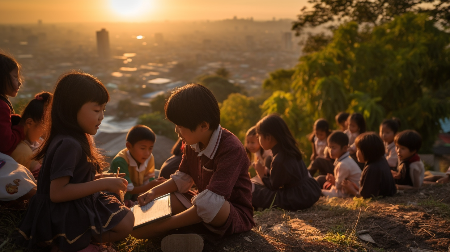 Group of Indonesian elementary school kids with young teacher using a tablet on a hill at sunset