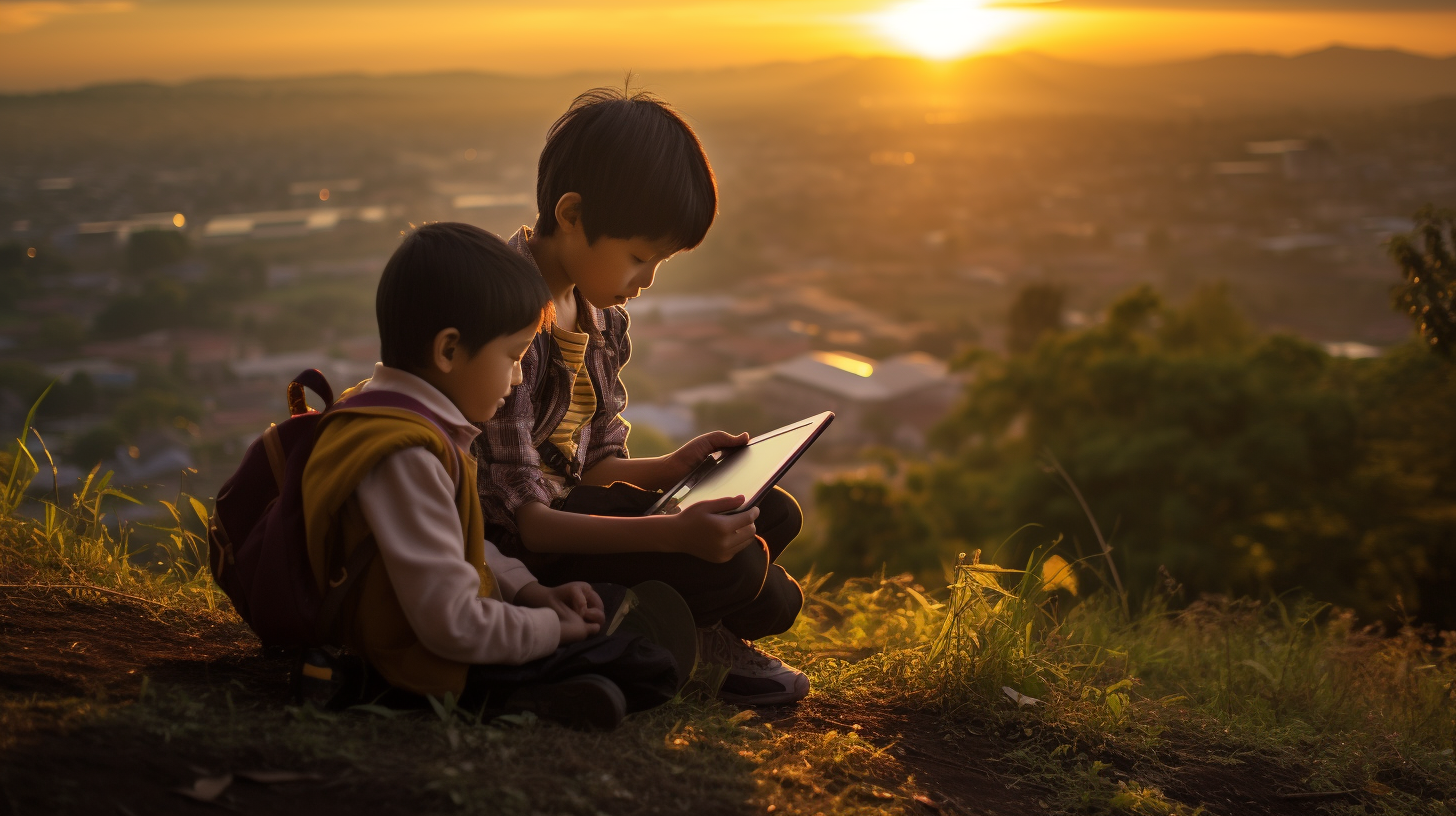 Indonesian Elementary School Kids with Teacher and Tablet