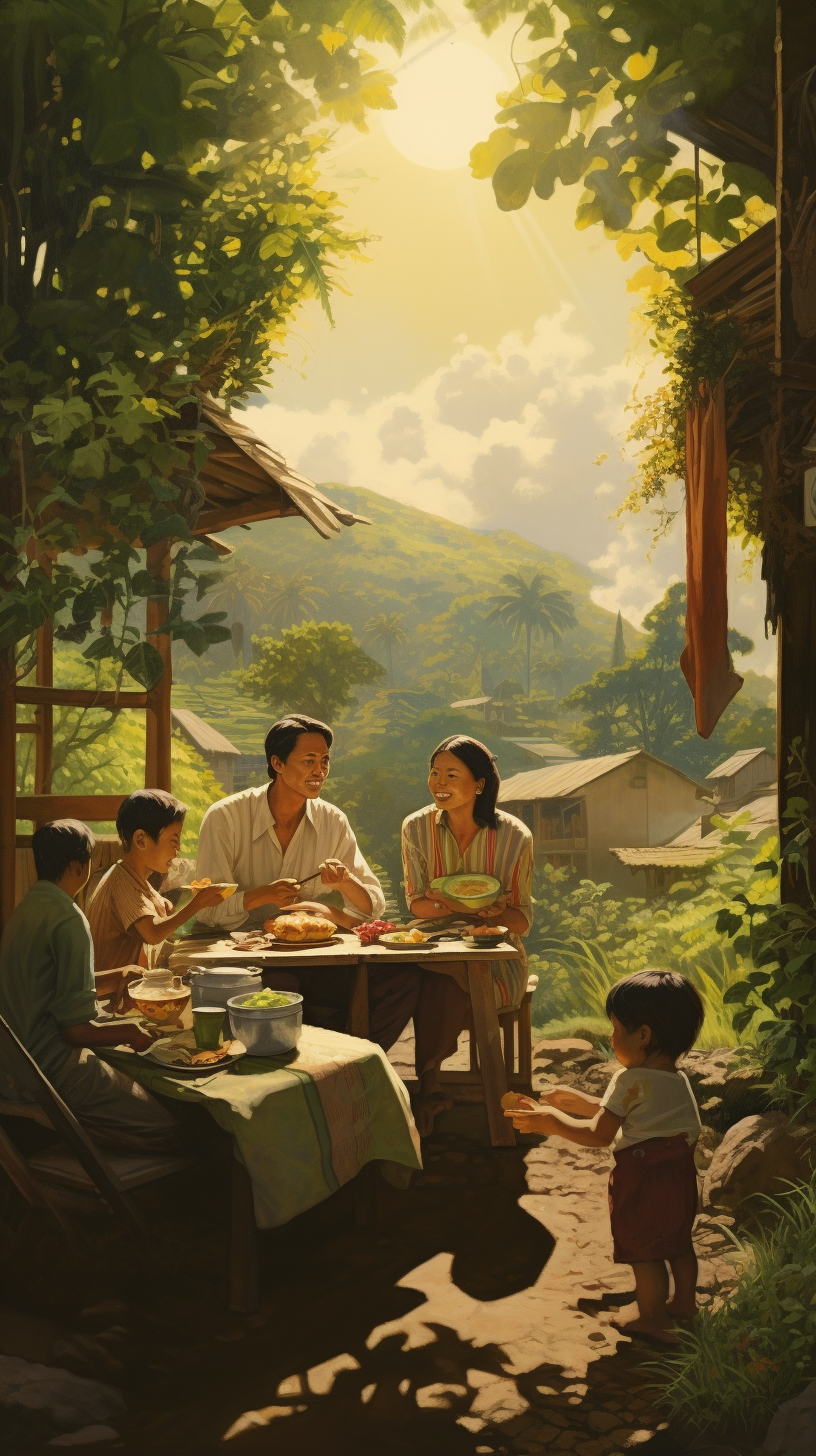 Indonesian family enjoying lunch in their backyard