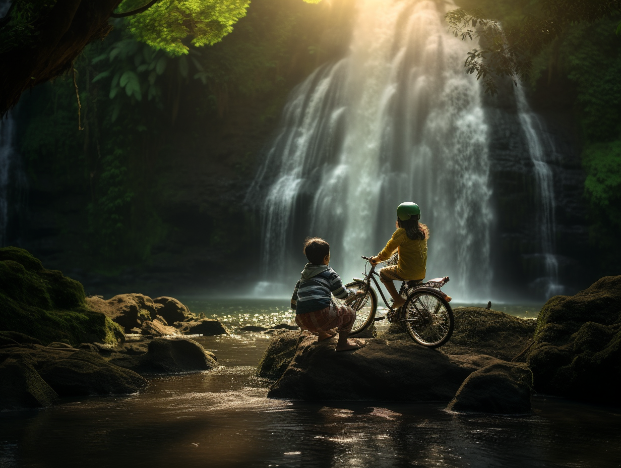 Two Kids Riding Bicycle in Indonesian Rainforest