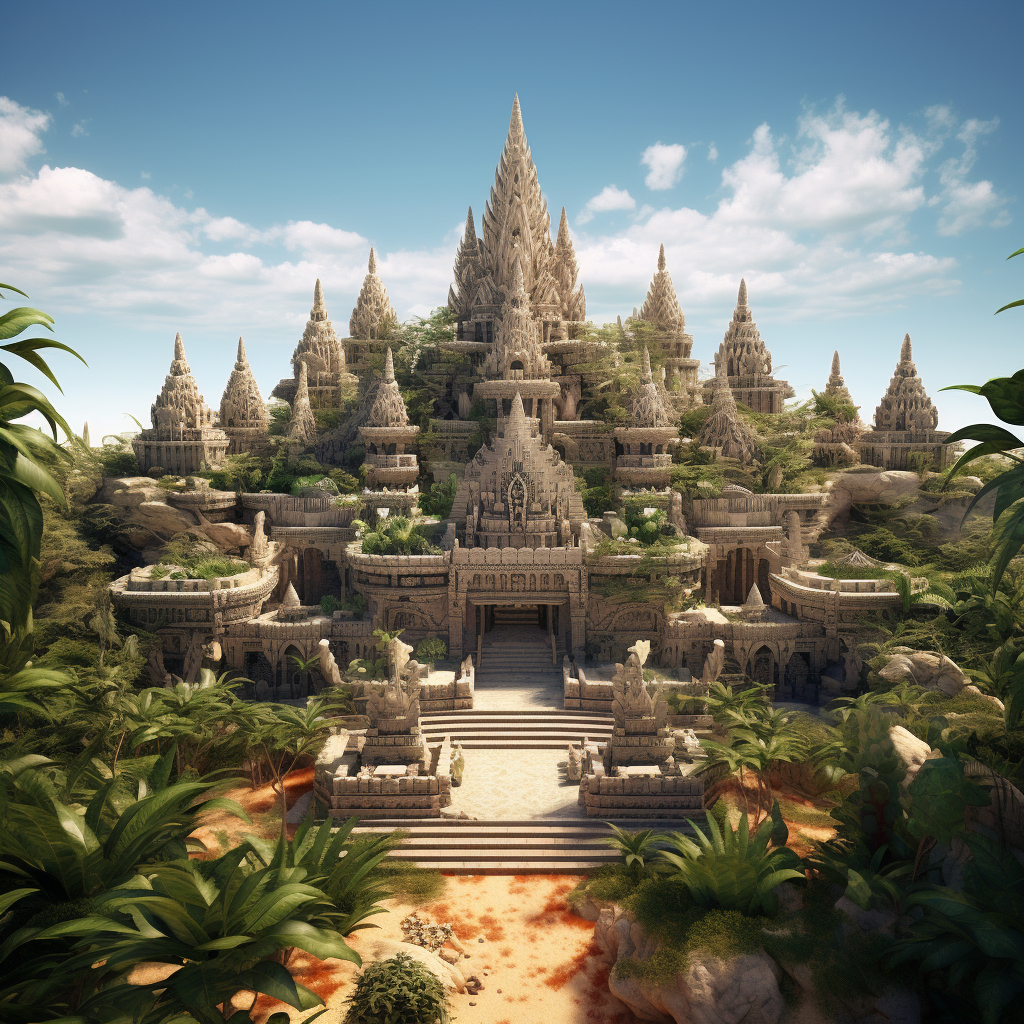 Realistic Indonesian Hindu Temple in Desert with Cacti