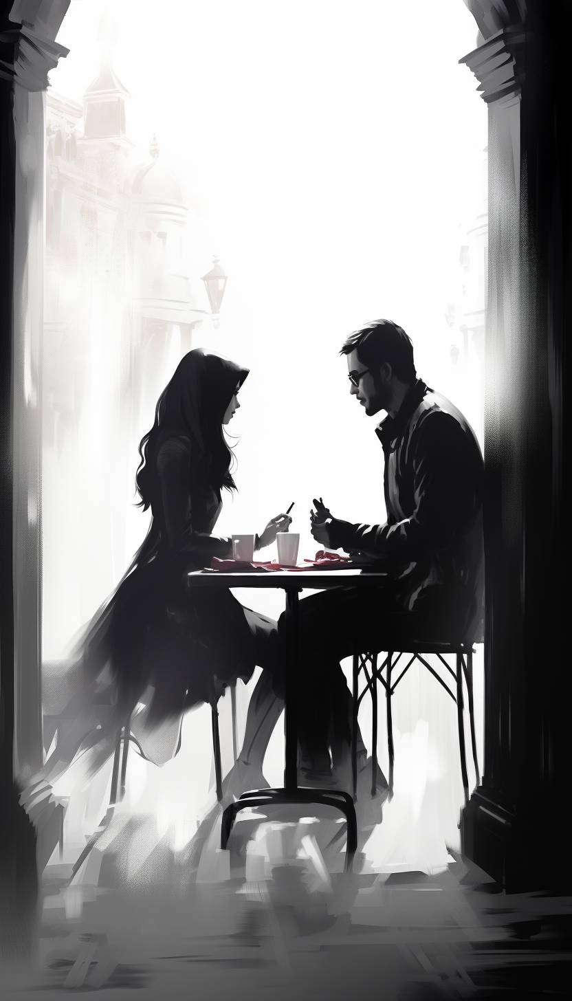 Silhouette of Indonesian man and doctor with hijab girl having breakfast in a cafe