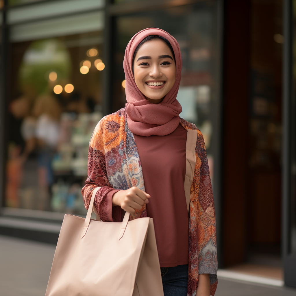 Indonesian woman in elegant fashion with shopping bag