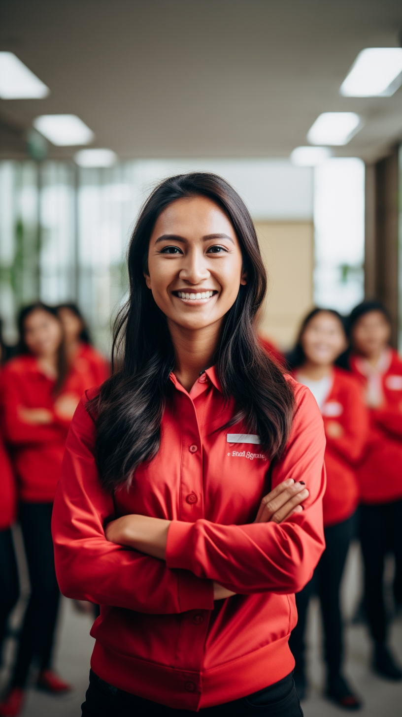 Indonesian woman smiling at smartphone in office  ?