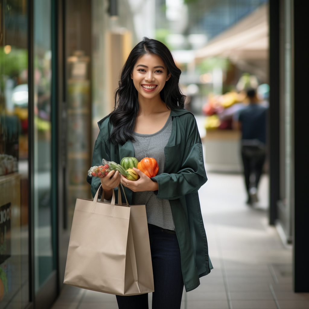 Smiling Indonesian Woman with Shopping Bag