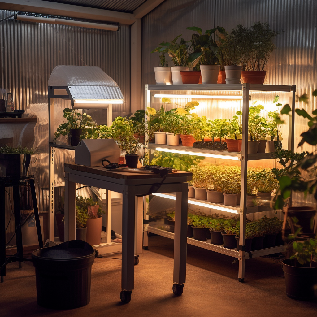 Indoor gardening equipment in a modern greenhouse