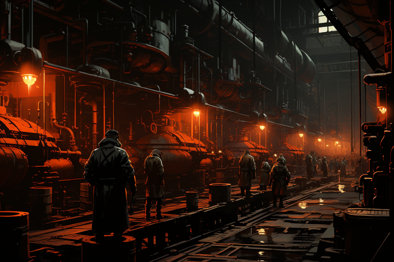 Workers with welders in futuristic industrial factory