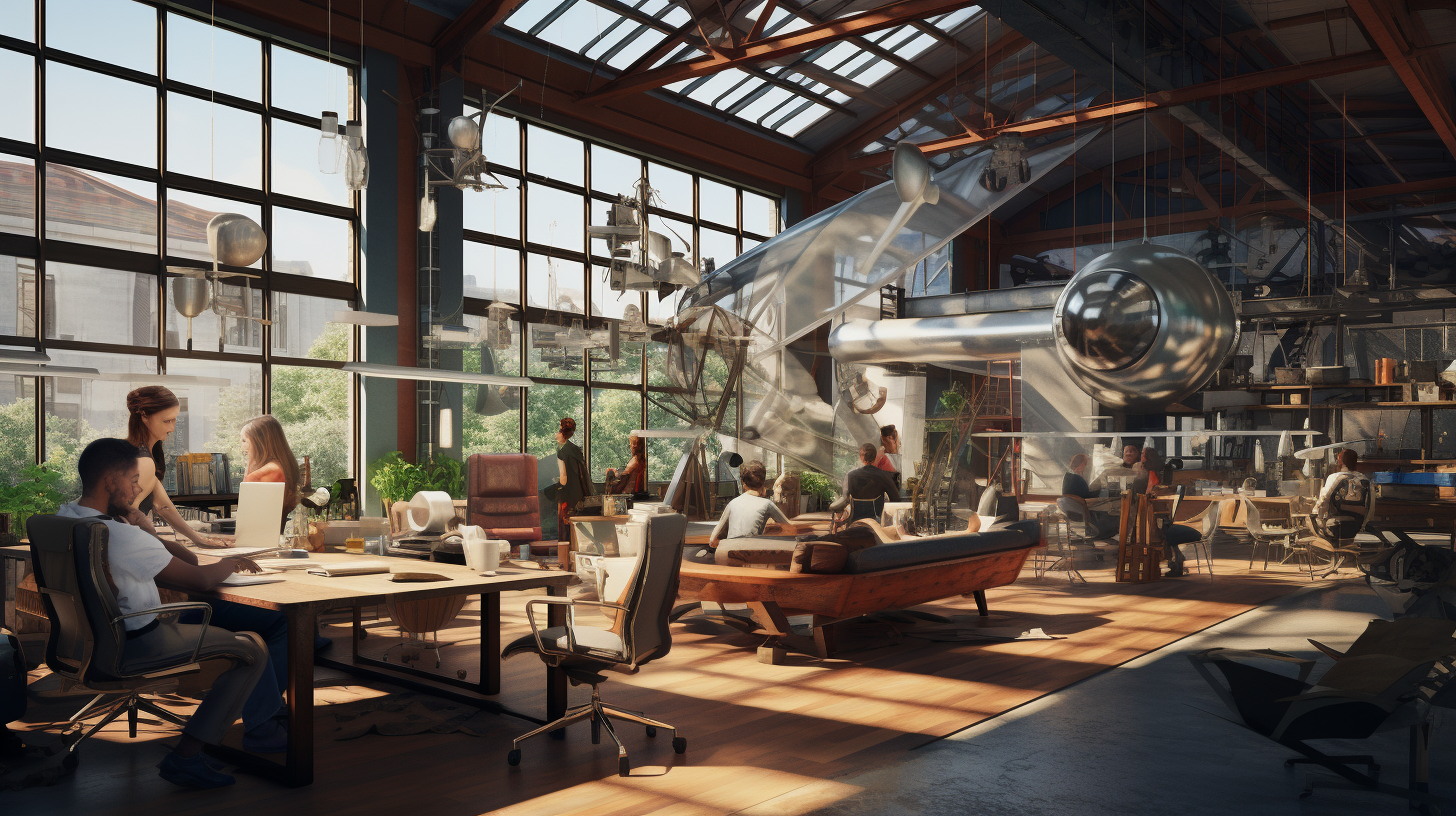 Industrial hipster startup environment with Eames furniture