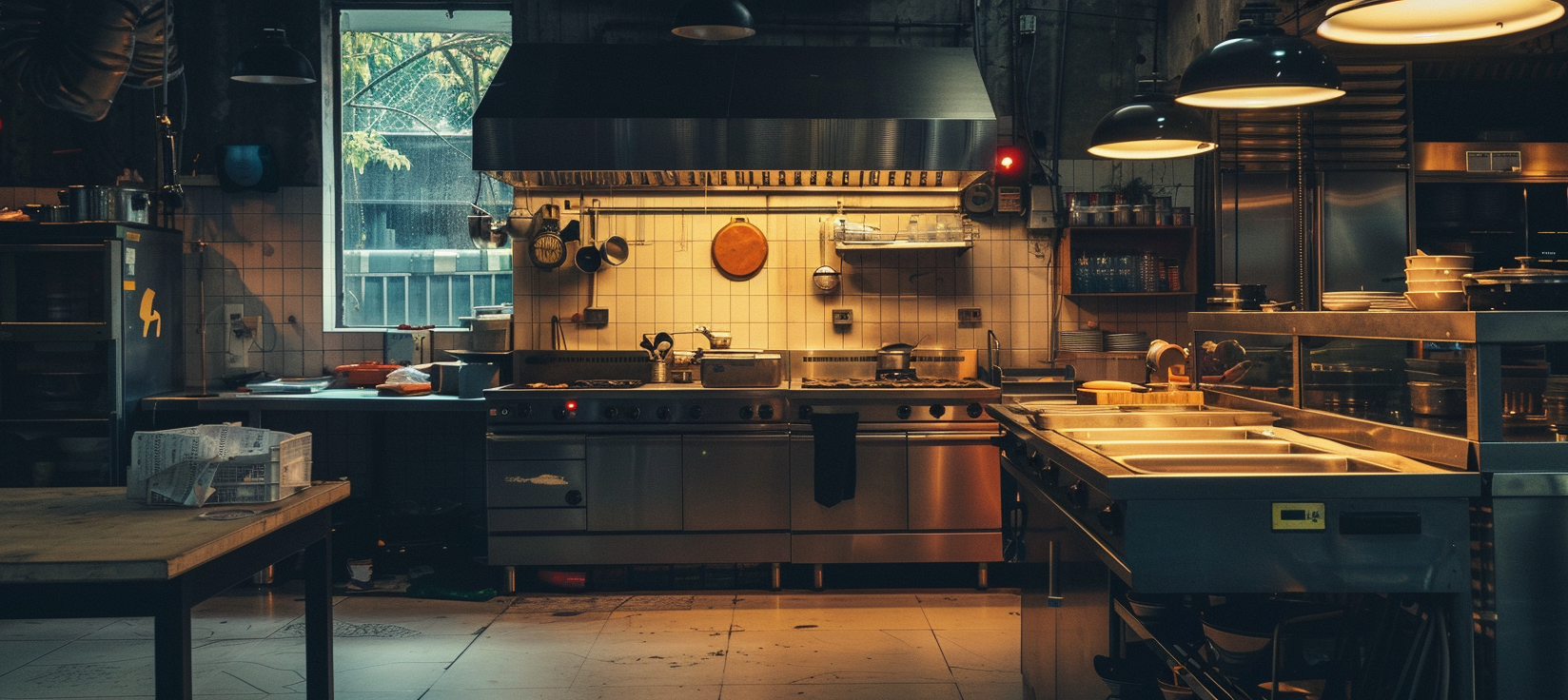 Cleaned industrial kitchen with staff gone