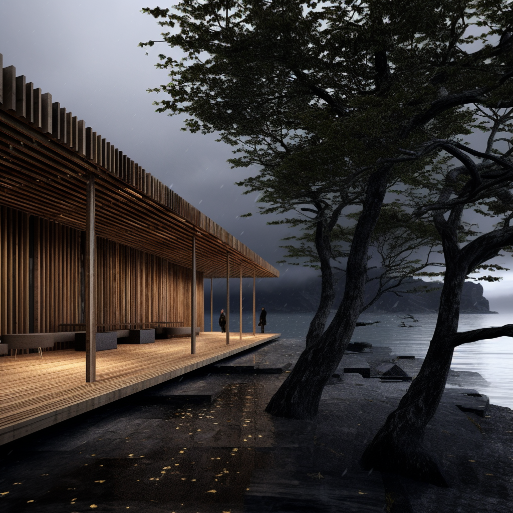 Dramatic stormy trees in industrial timber architecture pavillion