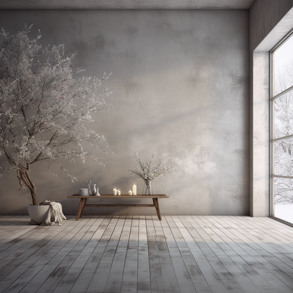 Romantic winter scene on industrial concrete floor