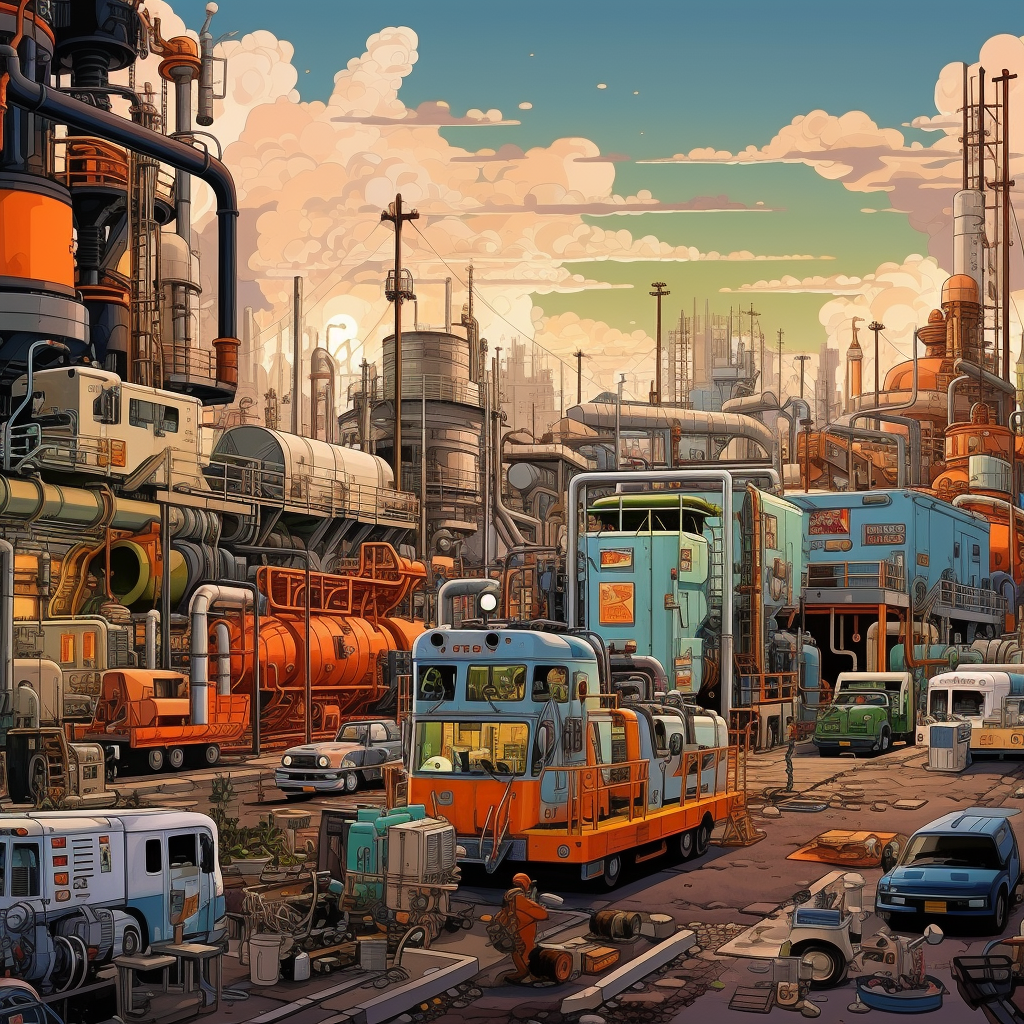 Industrial Landscape with Mechanics Repairing Transportation Trucks