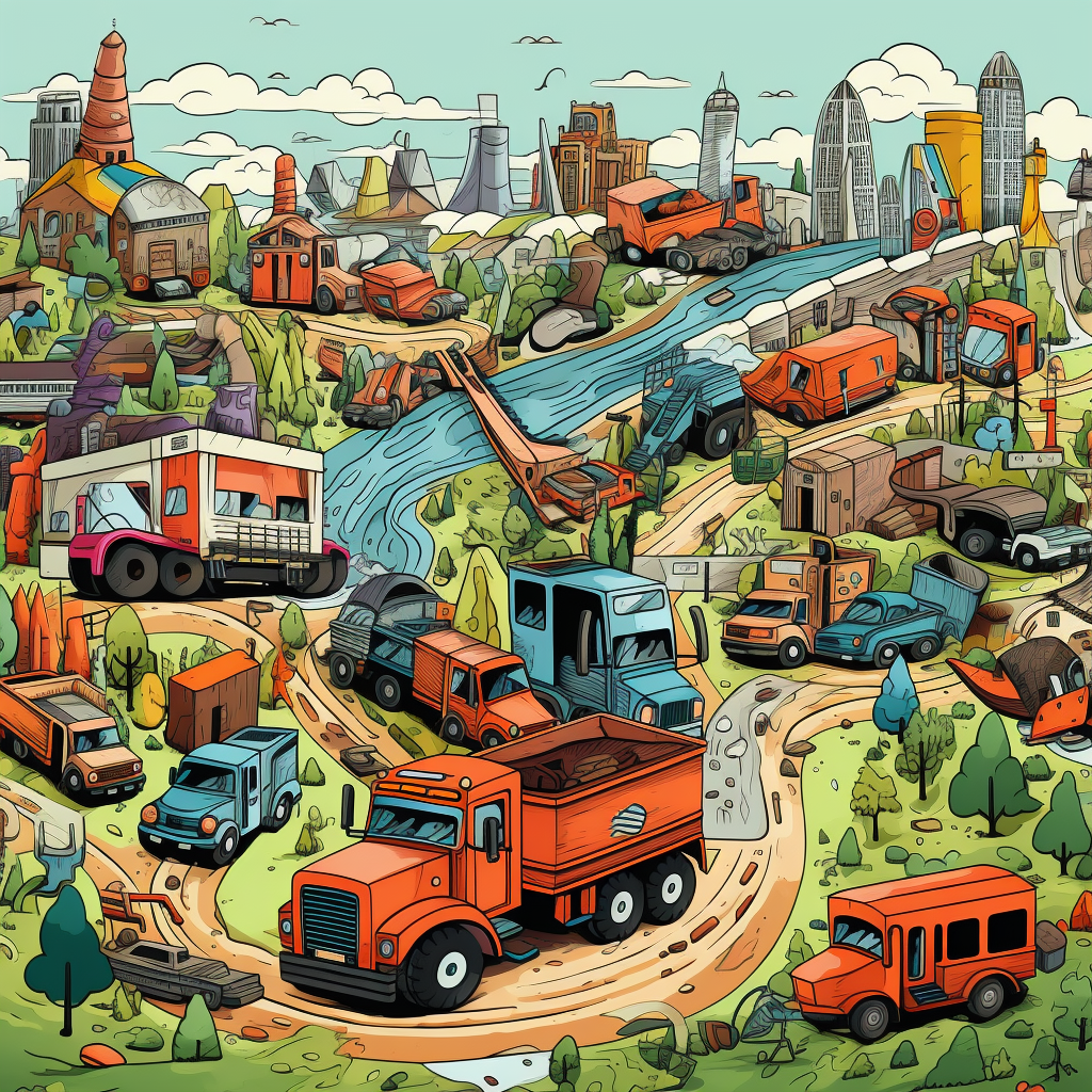 Cheerful Industrial Landscape with Mechanics Repairing Trucks and Machinery