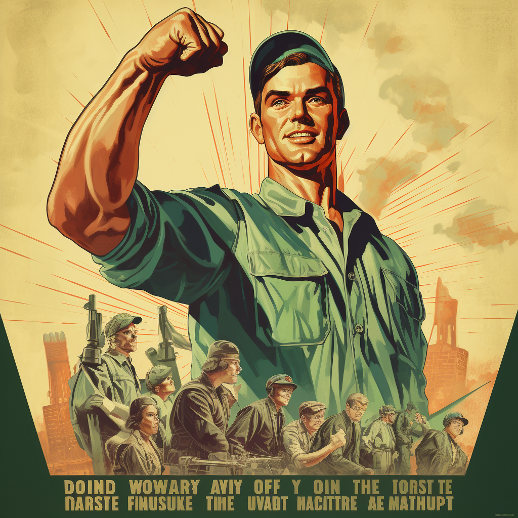 Propaganda poster with working-class men in 60s style