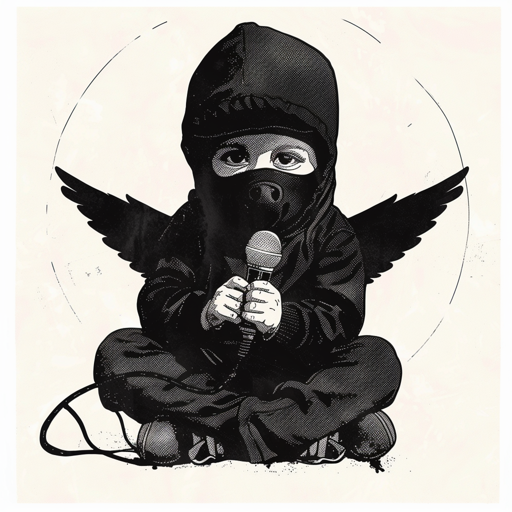 Infant angel with ski mask and microphone