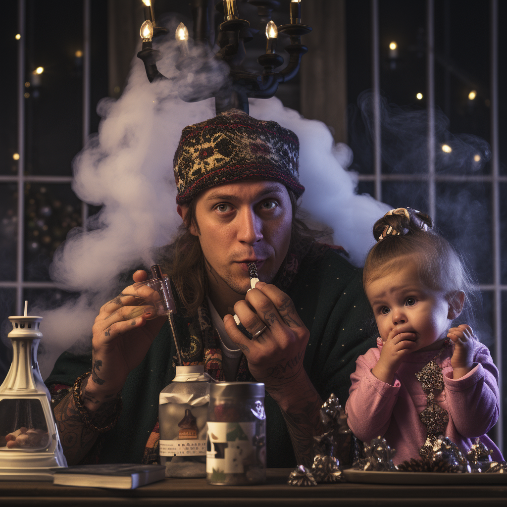 Infant smoking vape during Christmas with family