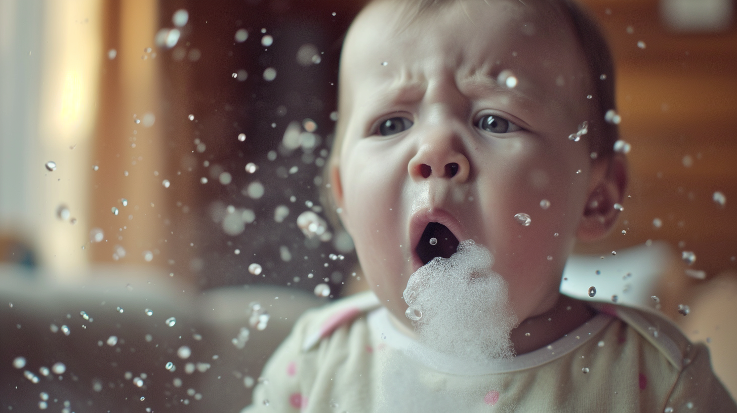 Infant coughing with flying droplets