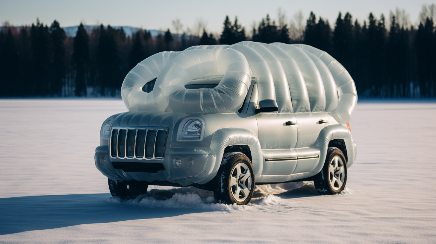 Inflatable SUV shaped balloon in snowy landscape