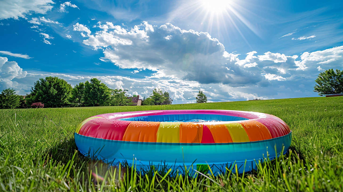 Inflatable pool on lawn under blue sky