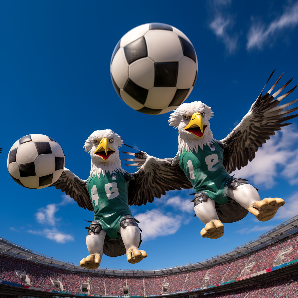 Inflatable eagles playing soccer in the sky