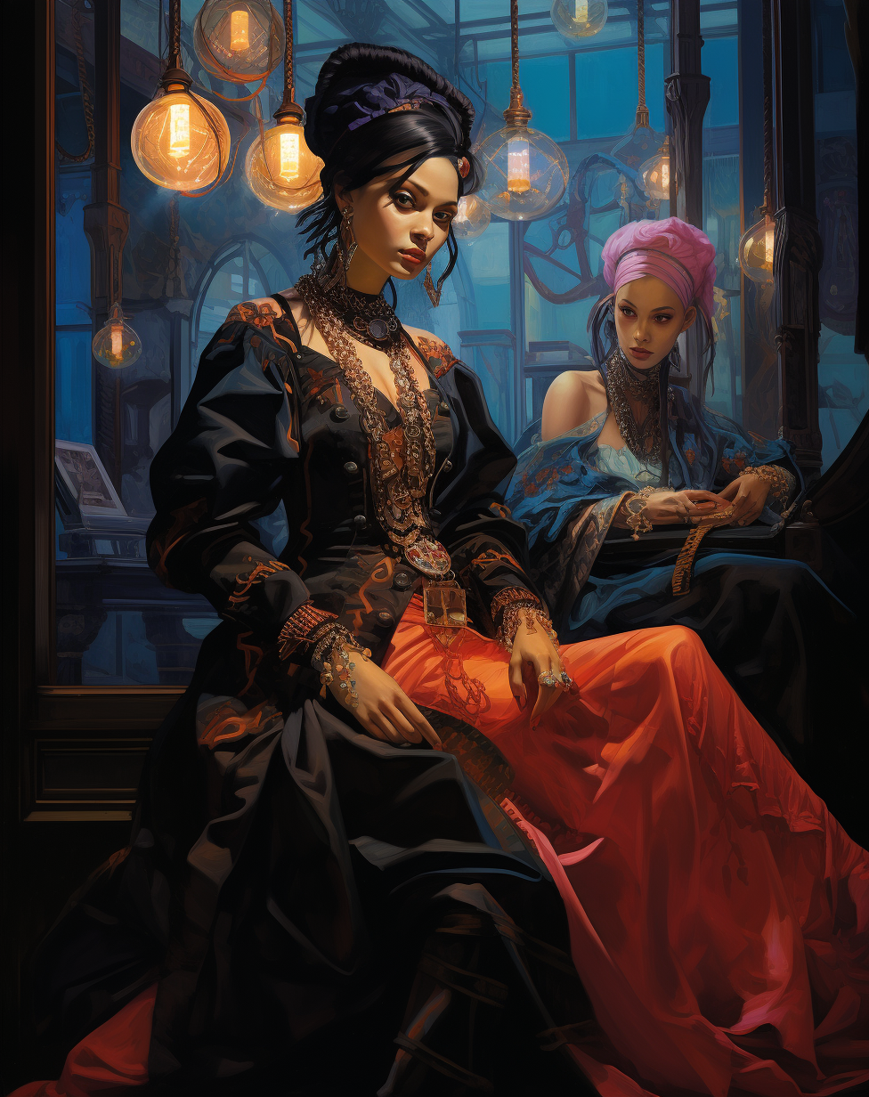 Ingres Inspired Painting with Jewellery in Neo-Victorian Cyberpunk Setting