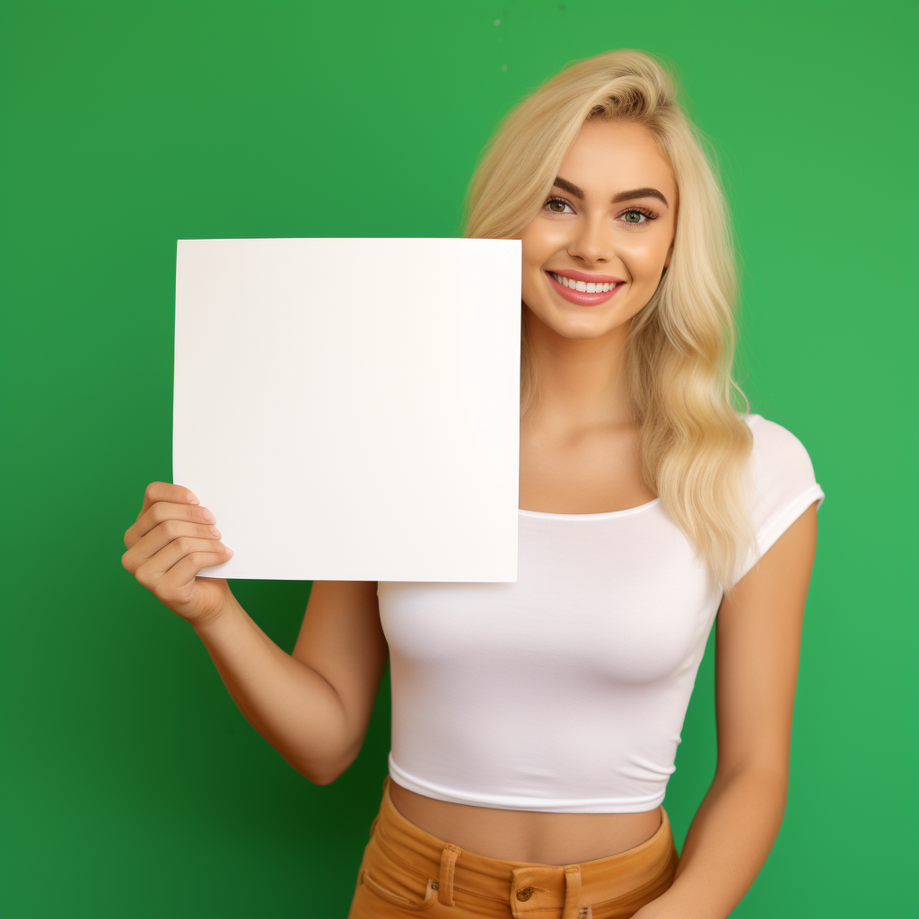 Ingrid holding blank paper with a smile