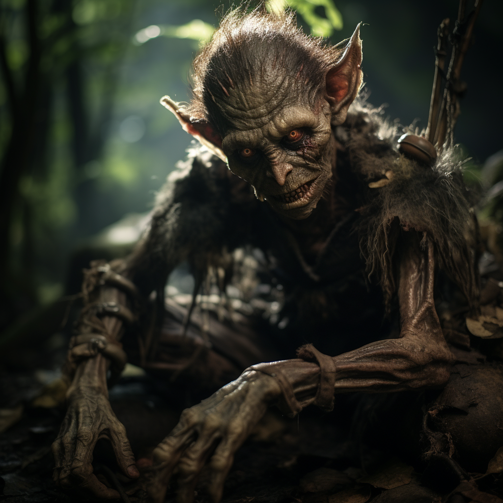 Injured young goblin in dark forest