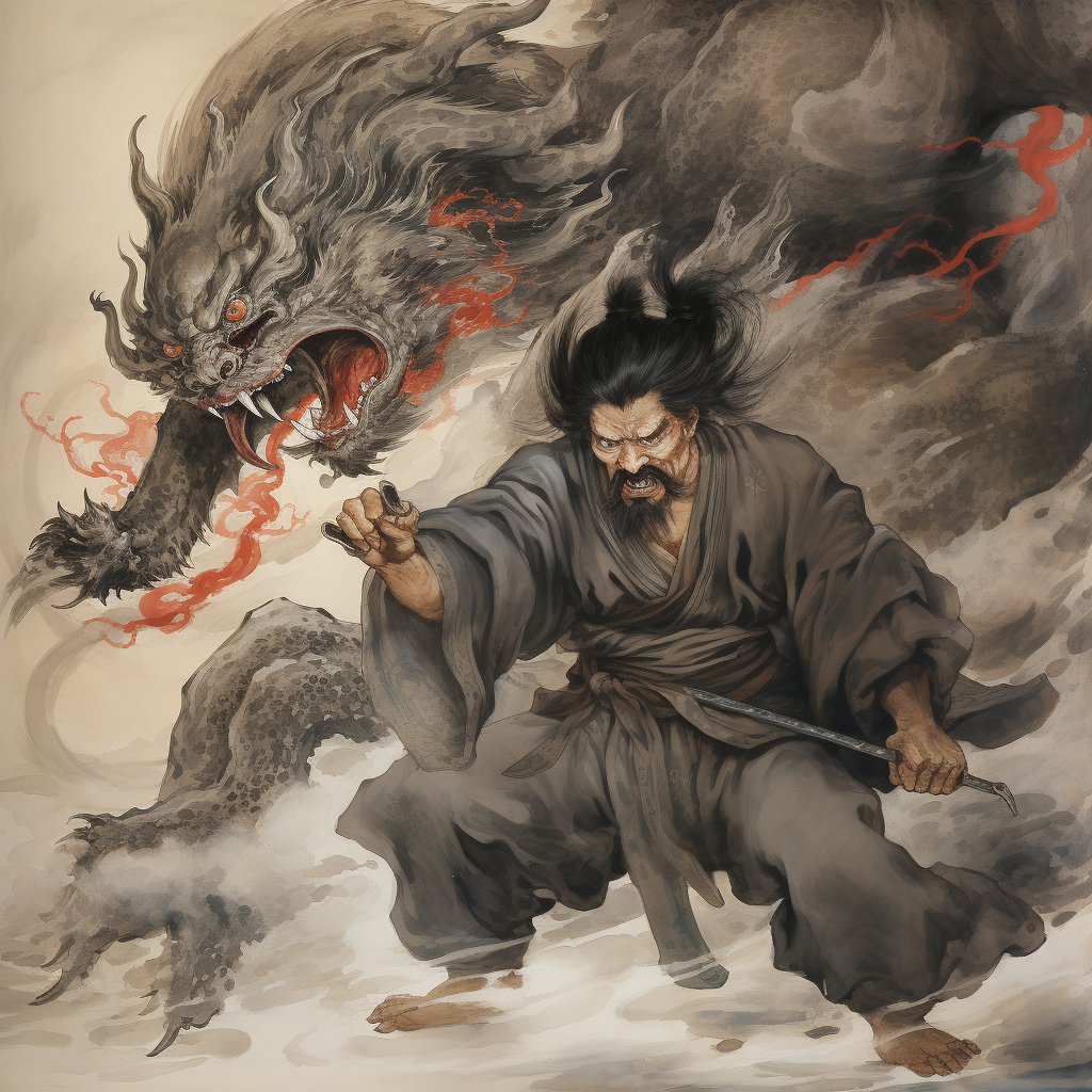 Ink Bending Samurai Facing Dragon