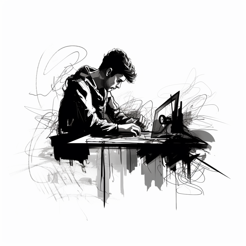 Ink brush doodle of designer creating hypothesis