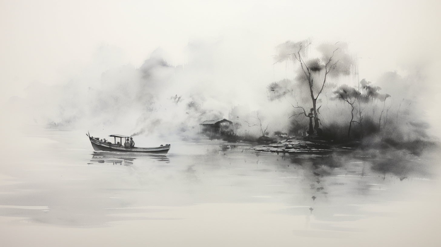 Dense fog river boat painting