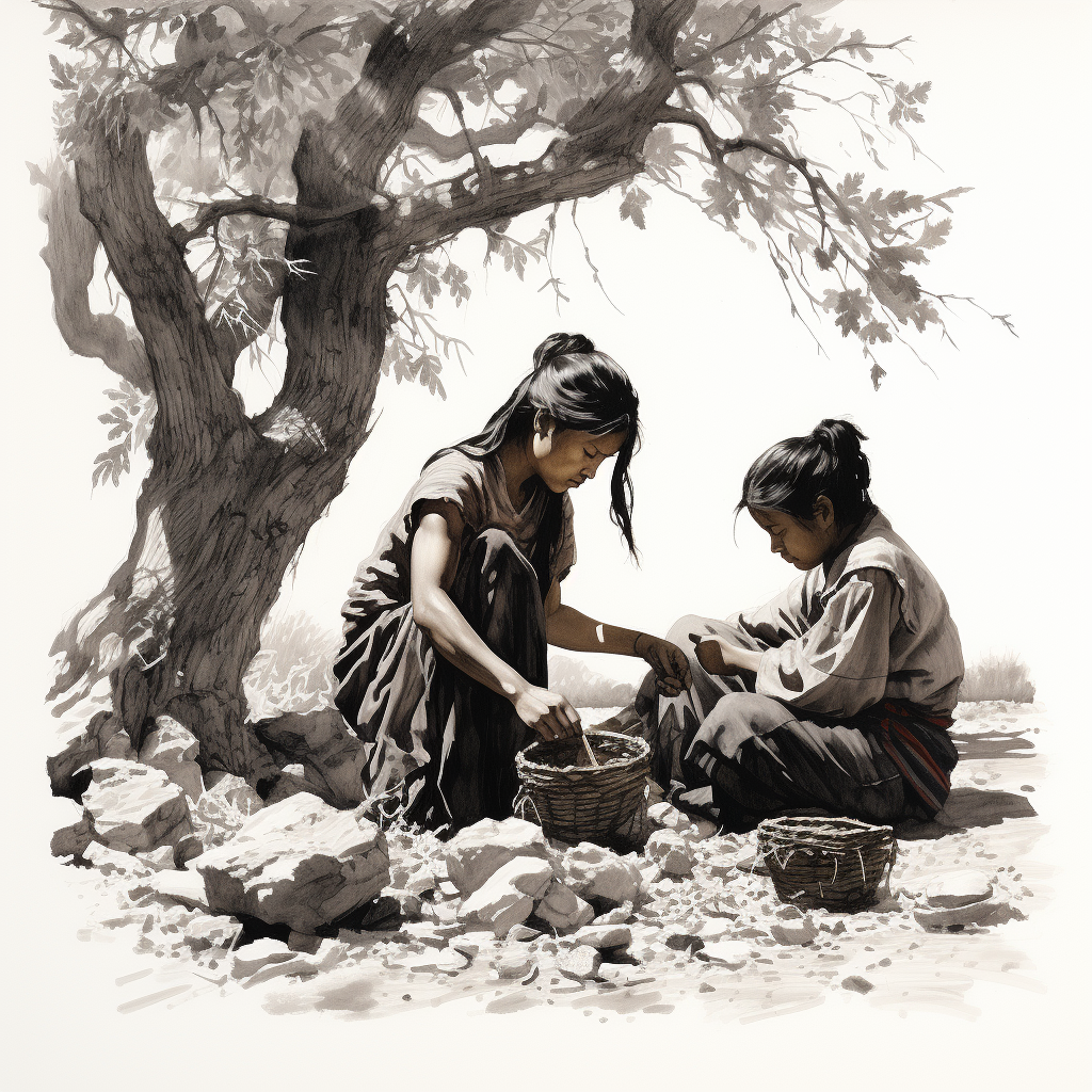 Native American woman and children collecting mesquite