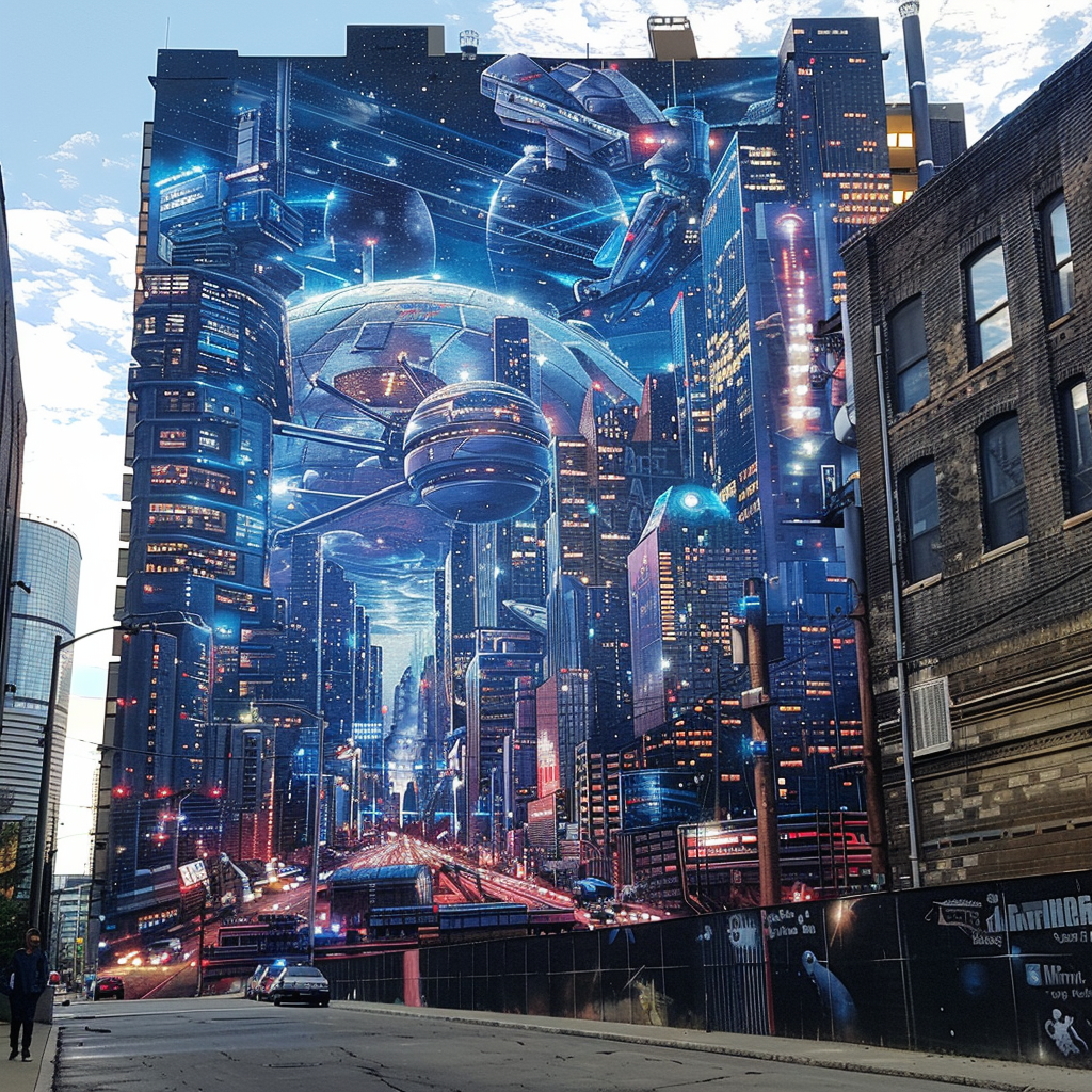 realistic street art mural Tron