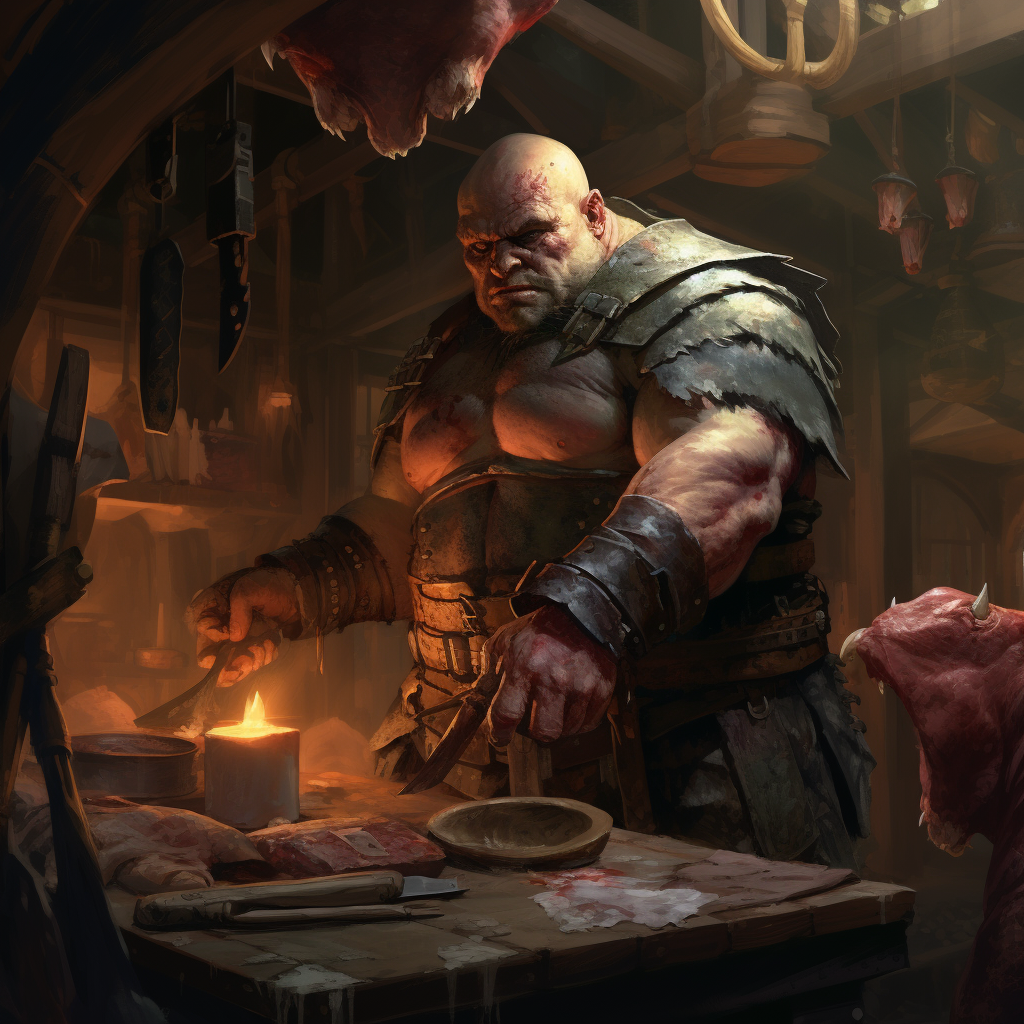 Half orc butcher assassin cutting meat