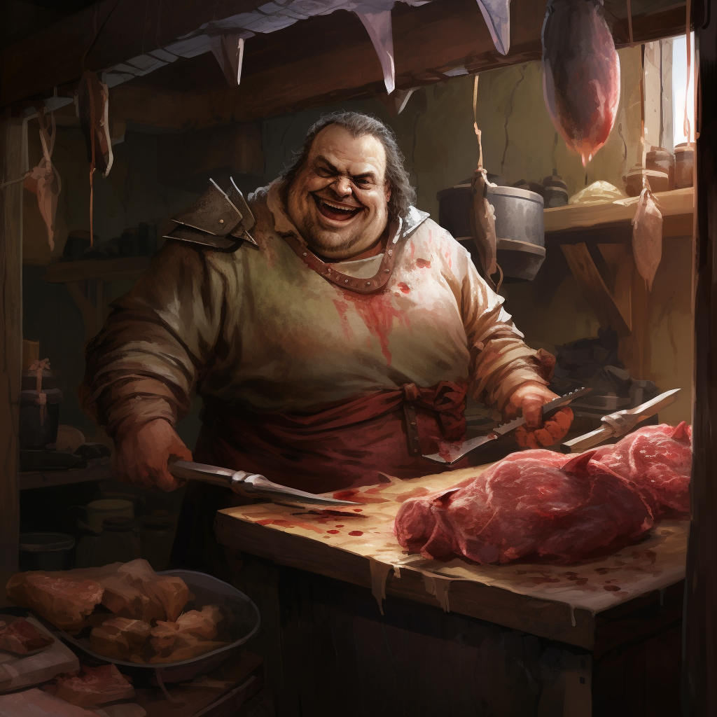 Insane fat half-orc butcher in warehouse