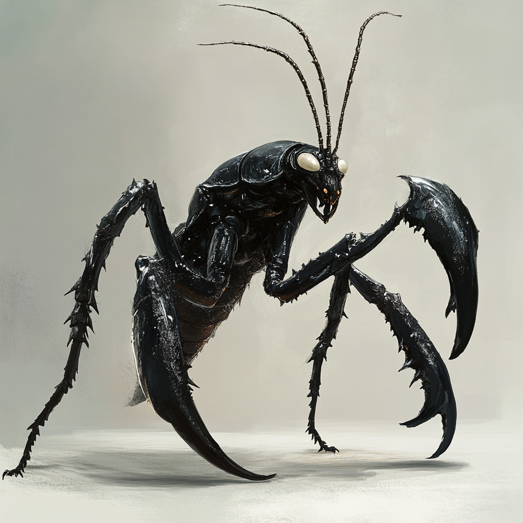 Large insect creature with mantis legs and beetle pincers