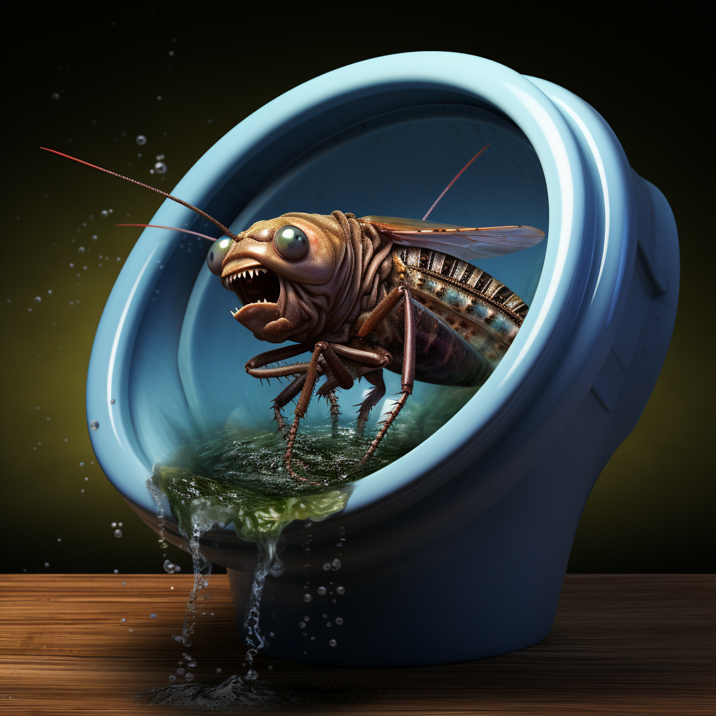 Insect fighting fish in toilet bowl