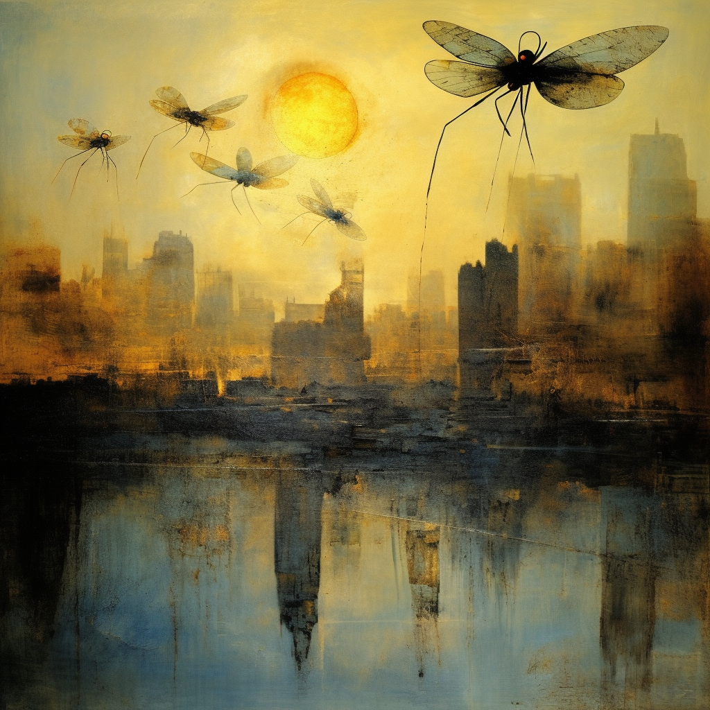 Flying insects in desolate city