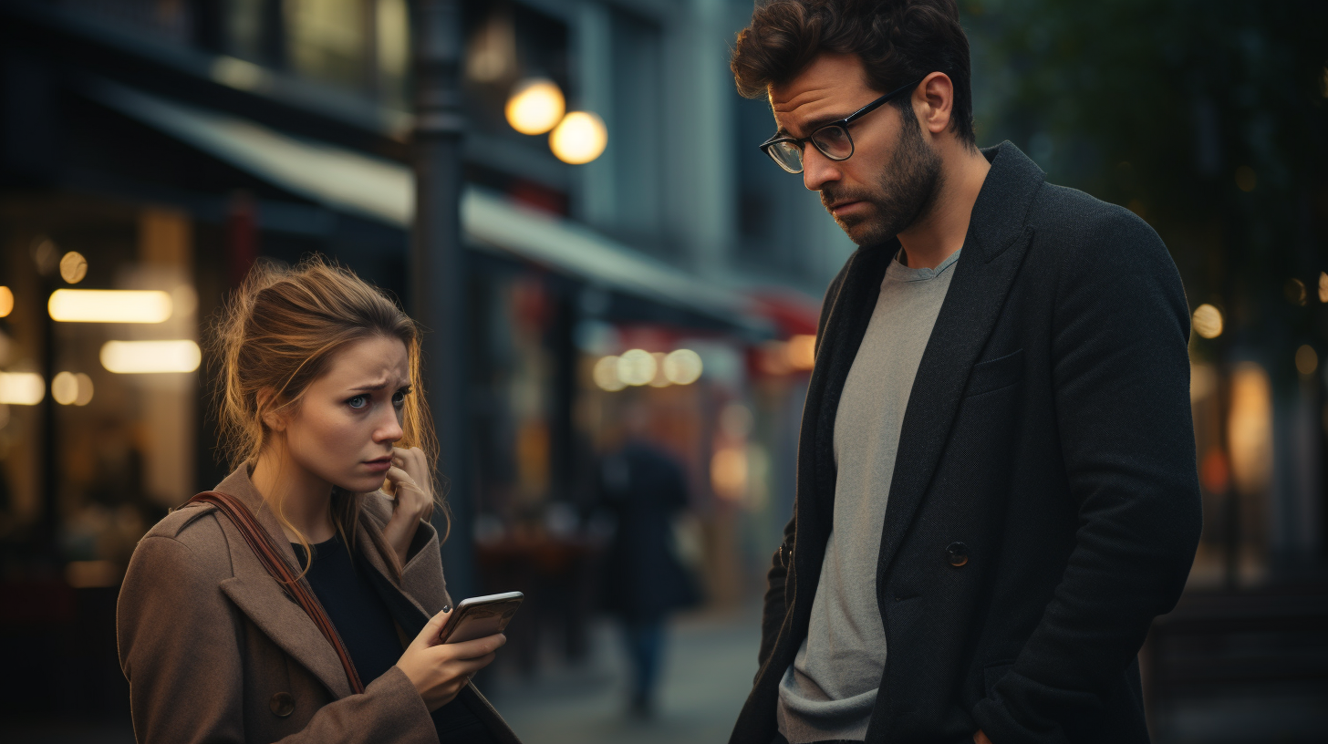 Confused boyfriend ignored by modest businesswoman