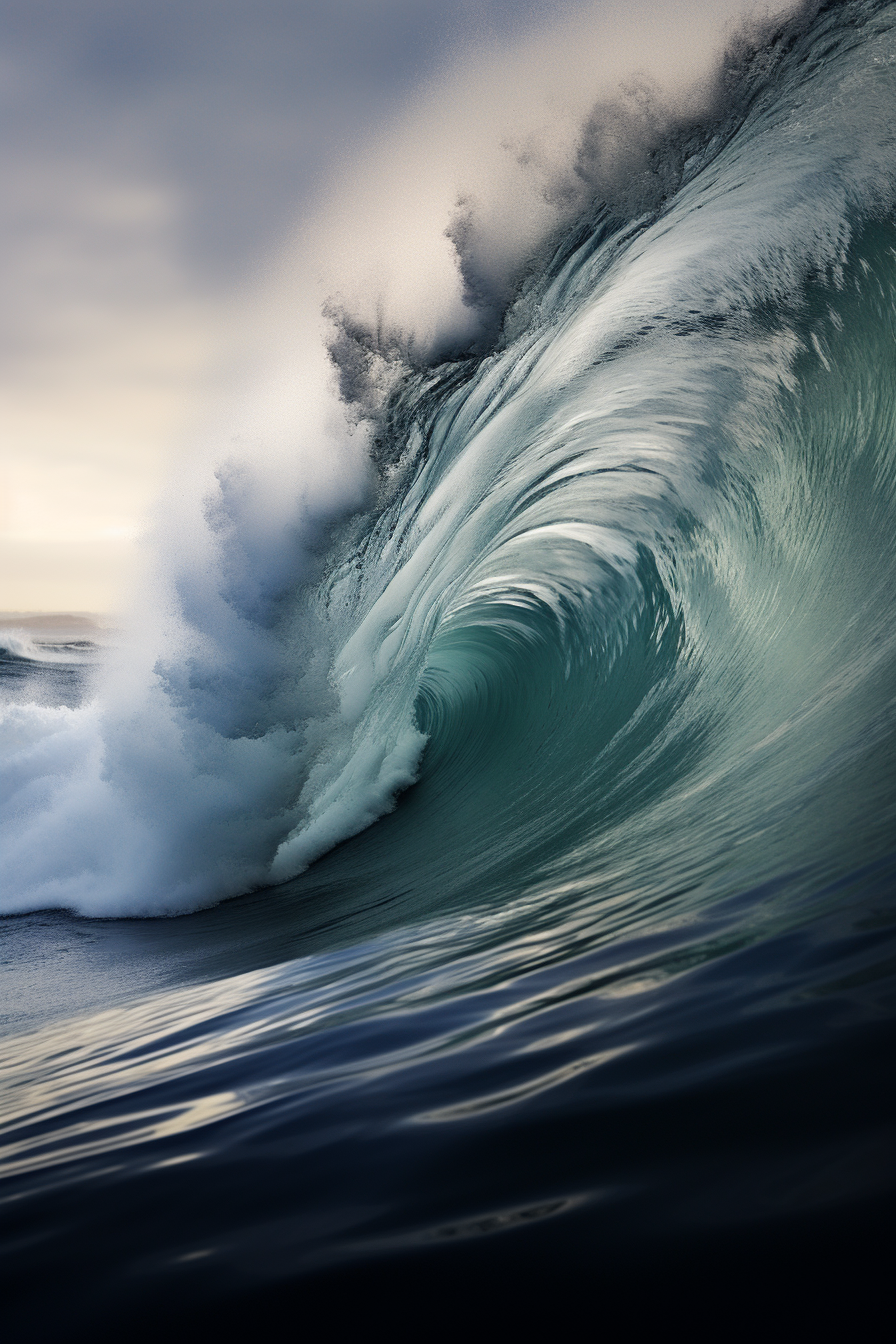 Hyperrealistic photograph of inside wave crests