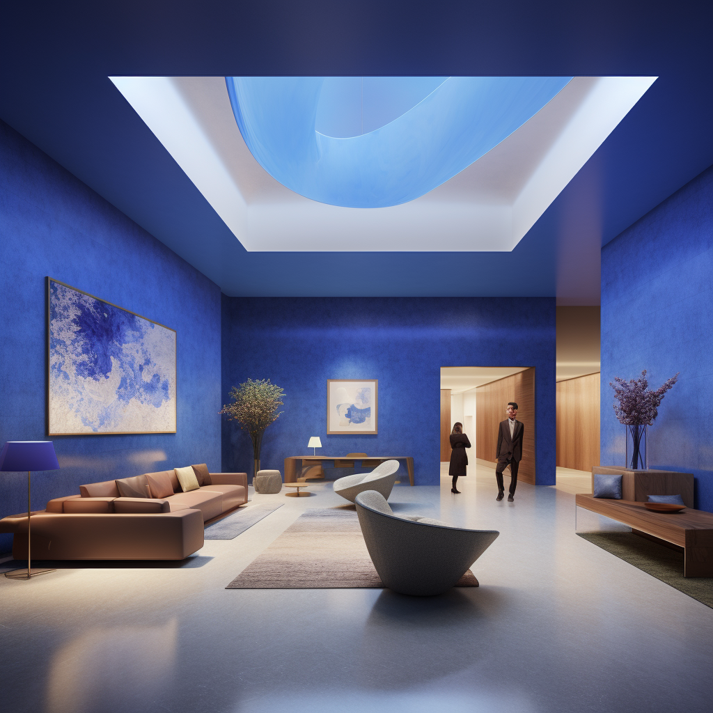 Modern interior design with blue accents