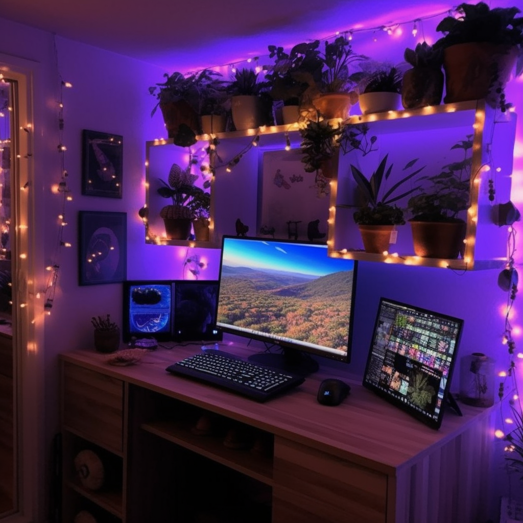 Lavender colored gaming computer room with fairy lights