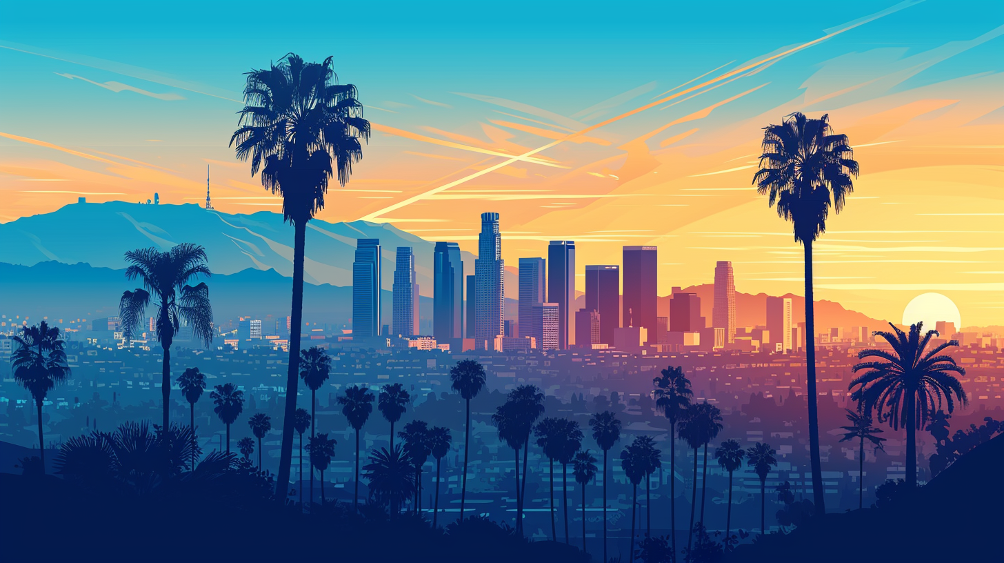 Los Angeles skyline with palm trees and mountains